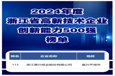 喜报！JDB电子纸业入选浙江省高新技术企业创新能力500强榜单